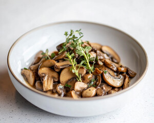 Fototapeta premium Modern and clean minimalist presentation of mushroom ragout in white bowl with herb garnish.