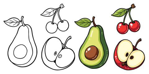 Cherries Apple and Avocado Line Art Vector Illustration Black and White with Coloring Sample. Bold and Easy Food, Fruits, Sweets, Drinks, Dessert, and Snacks Coloring Pages for Adults and Kids