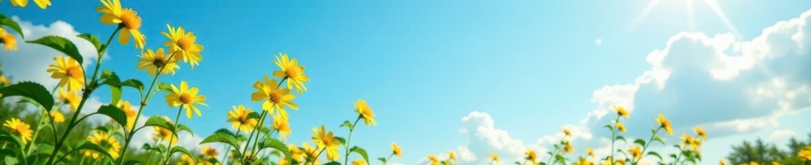 Obraz premium Yellow flower stalks swaying in the sunlight against a blue sky, sky, landscape, leaves