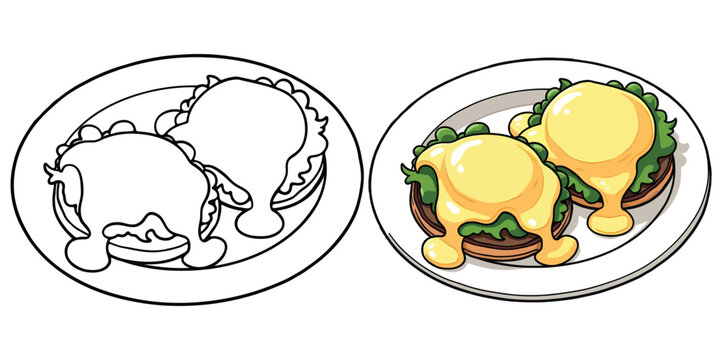 Eggs Benedict Line Art Vector Illustration Black and White with Coloring Sample. Bold and Easy Food, Fruits, Sweets, Drinks, Dessert, and Snacks Coloring Pages for Adults and Kids