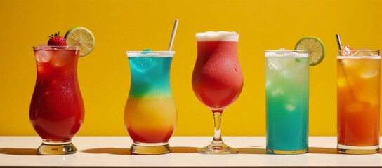 Tropical cocktail row showcased against vibrant backdrop with dramatic shadows from direct sunlight Bright Sunlit Shadowed