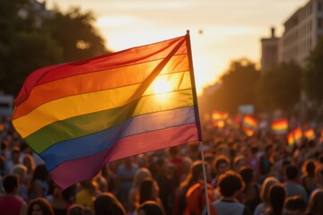 a large crowd of people holding a rainbow flag