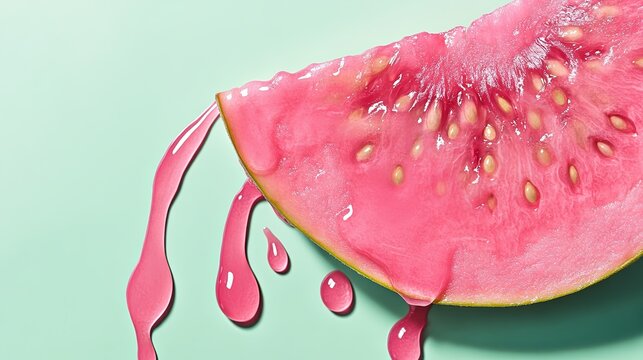 A slice of guava dripping vibrant pink juice on a pastel green background