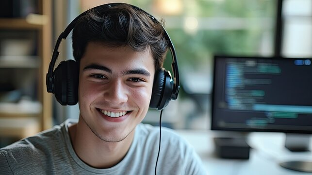 young man wearing headphones and smiling while attending online class framed by softly blurred workspace