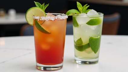 Two refreshing cocktails - Margaritas and Mojitos - displayed atop a restaurants table