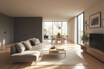 a modern living room with wooden floors and large windows