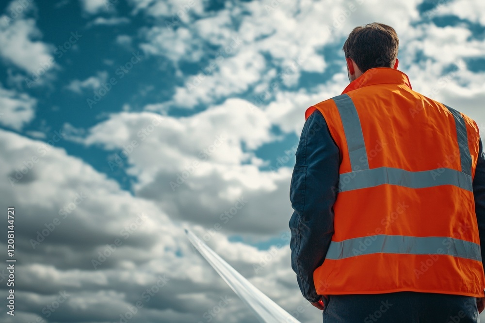 Poster wind energy innovation engineer in high-visibility gear inspecting turbine blade under cloudy sky - 