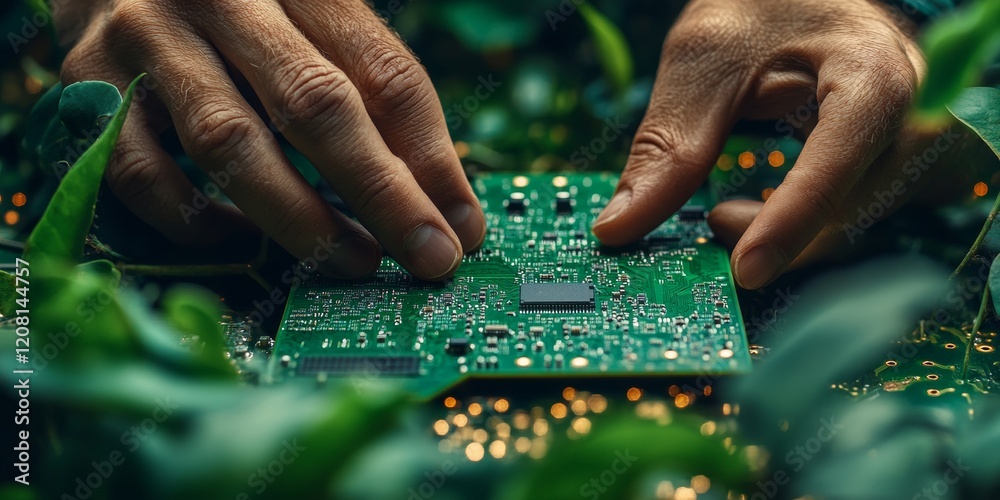 Aufkleber tech-eco fusion engineers precision in solar circuitry surrounded by lush foliage - green innovation