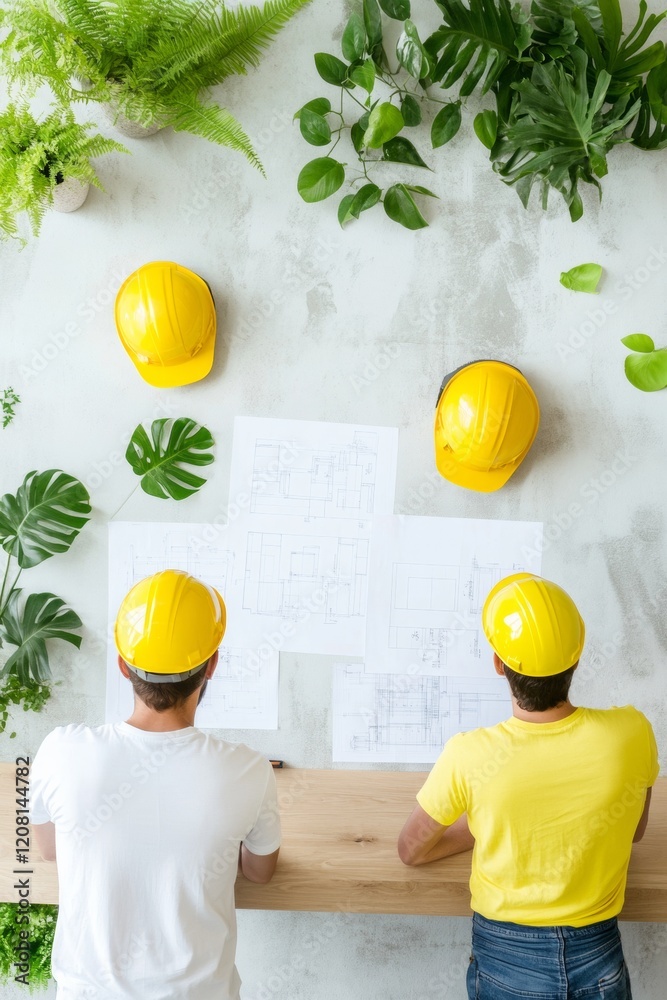 Fototapete sustainable design collaboration diverse engineers analyzing green building blueprints and eco mater