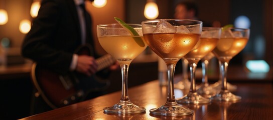 Close-up shot of cocktail glasses with background ambiance of live music