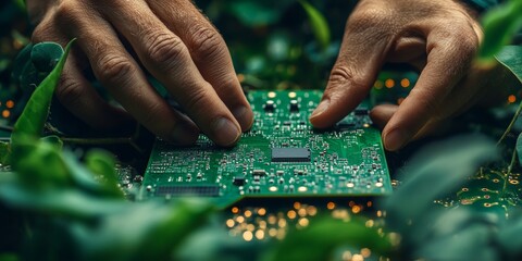 Tech-Eco Fusion Engineers Precision in Solar Circuitry Surrounded by Lush Foliage - Green Innovation for Sustainable Water Filtration in Modern Engineering Solutions