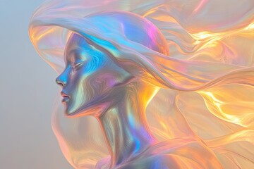 abstract conceptual piece with flowing iridescent shapes forming human silhouette
