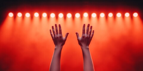 Dynamic Summer Concert Vibes Hands Raised in Vibrant Stage Lighting - Entertainment Venue Stock Image for Online Marketing and Social Media Engagement, Celebrating Collective Experiences