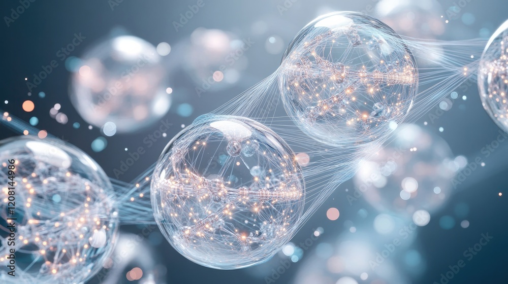 Poster abstract futuristic representation of genetic engineering where floating transparent dna orbs are in