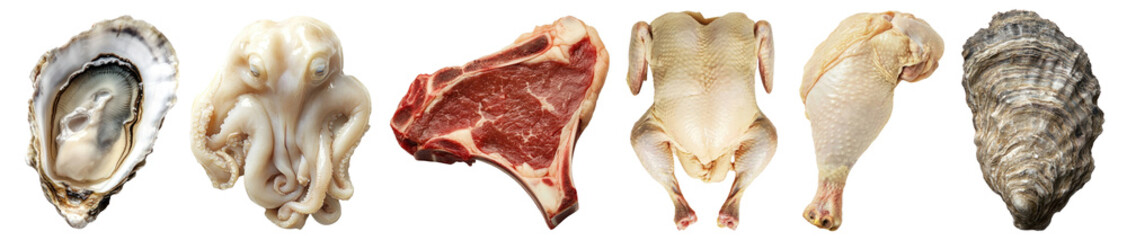 Obraz premium PNG Diverse raw seafood and meat, element set on transparent background