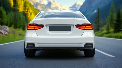 Obraz premium Sleek white sedan parked on a scenic road, surrounded by lush green mountains and trees. mockup of license, registration, plate of car