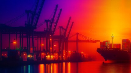 Obraz premium A vibrant sunset over a port with cranes and a cargo ship, showcasing industrial activity.