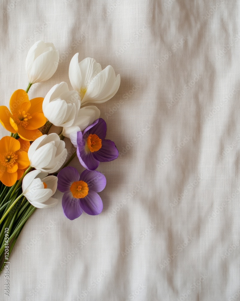 Poster minimalist botanical display snowdrops, crocuses and daffodils on linen texture seasonal product sho