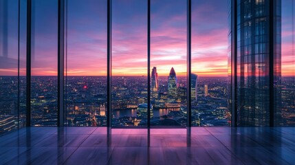Fototapeta premium window with a view of a beautiful city on a sunset
