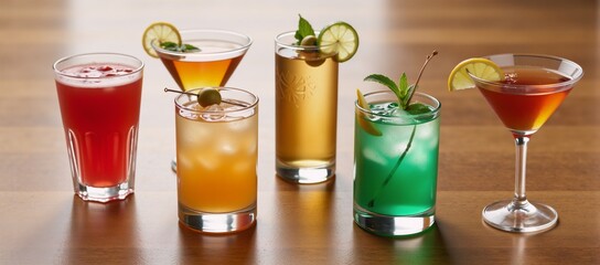 A collection of visually appealing mixed drinks in various glasses on a wooden bar table