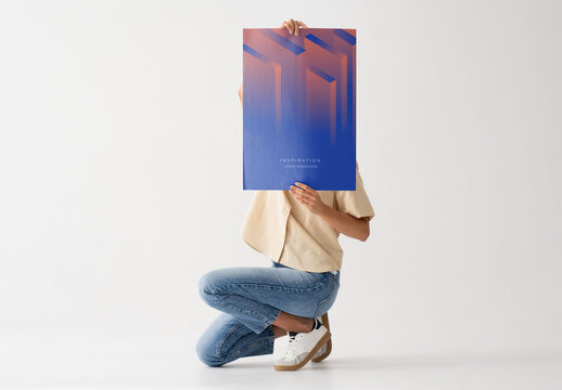 Mockup Of Woman Holding Customized A2 Poster Over Face