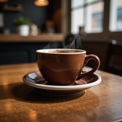 Brown coffee cup sitting on a caf table
