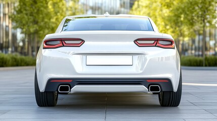 A sleek, white sedan parked outdoors, showcasing a modern design with sharp tail lights and a sporty rear profile in a contemporary setting. mockup of license, registration, plate of car
