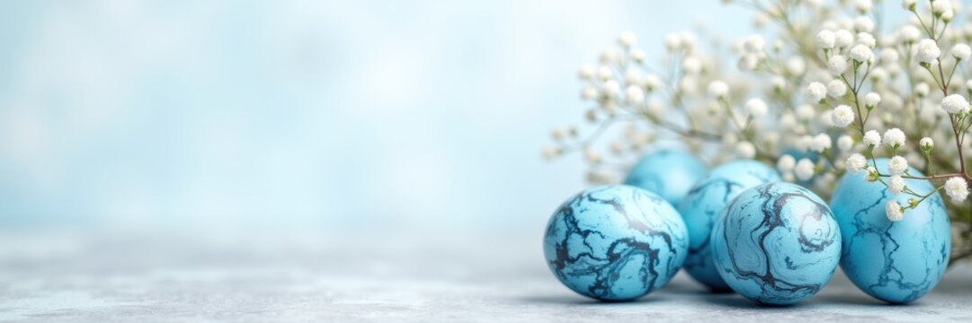 Celebrate Easter with beautifully decorated blue marble eggs and delicate flowers. Perfect for seasonal promotions, crafts, or decorations.