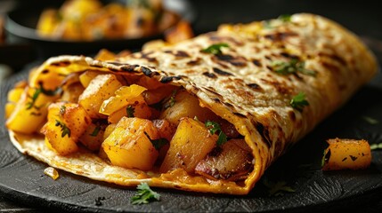 A delicious stuffed flatbread filled with spiced potatoes and garnished with herbs.