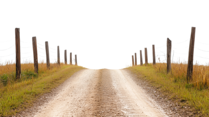 A rural dirt lane bordered by wooden posts and barbed wire isolated on transparent background