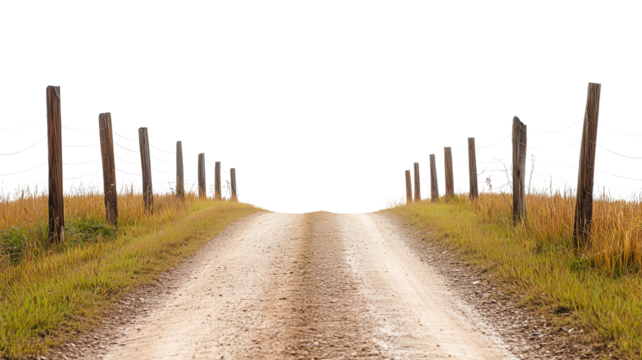 A rural dirt lane bordered by wooden posts and barbed wire isolated on transparent background