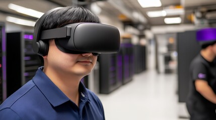 A person wearing a VR headset in a high-tech server room.