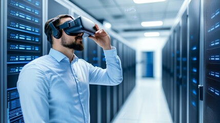 A man wearing a VR headset in a server room, exploring technology and data environments.