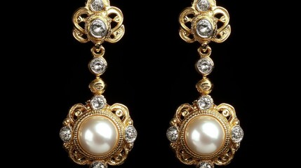 Baroque style dangle earrings with ornate gold details, with center pearls and diamond details generative ai