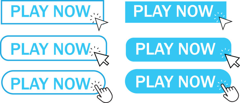 Play Now Buttons with arrow symbol.Blue buttons, play now text, clickable interface, cursor icons, web design elements, digital call-to-action, interactive buttons - Powered by Adobe
