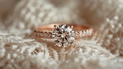 Fototapeta premium an elegant diamond engagement ring resting on a delicate white lace fabric