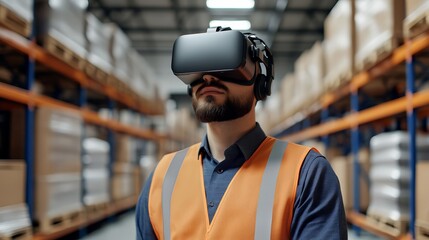 A man wearing a VR headset in a warehouse, indicating virtual training or simulation.