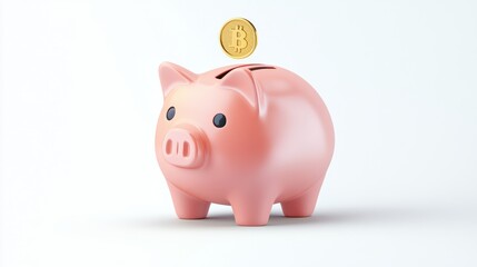 Pink piggy bank icon with golden coin, symbolizing savings and financial management on white background