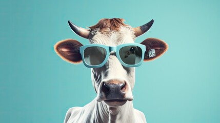 Stylish Cow Wearing Blue Sunglasses Against Soft Blue Backdrop