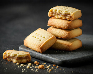 A close-up, high-definition image of crumbly, buttery shortbread cookies, shot with a macro lens to showcase the delicate texture and detail of their delicate folds.