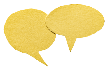 Yellow round blank cut out cardboard paper speech bubbles with rough edges and copy space for text on transparent png background design element