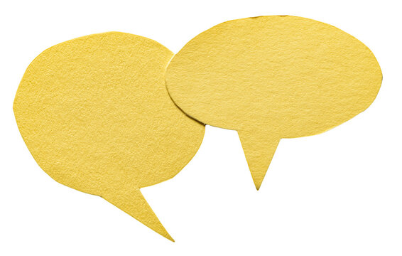 Yellow round blank cut out cardboard paper speech bubbles with rough edges and copy space for text on transparent png background design element