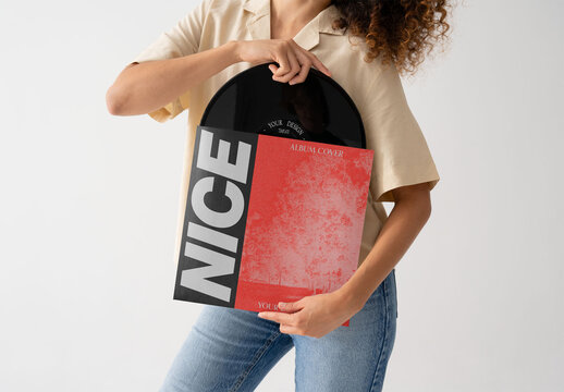 Mockup Of Woman Holding Customizable Record Cover With Vinyl
