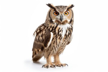 Naklejka premium Owl Isolated On White Background. Single Bird Cut-Out with Detailed Plumage, Perfectly Isolated on Pure White Background for Nature Themes