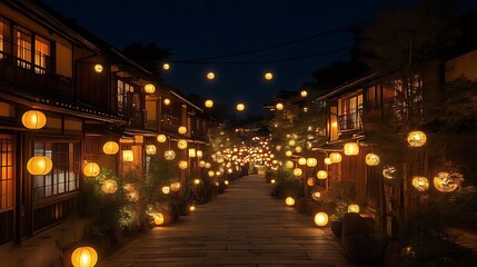 Illuminated Japanese Street at Night with Paper Lanterns
