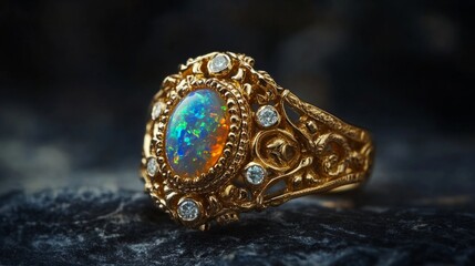 Naklejka premium Baroque style ring with an intricate gold design, with a central opal surrounded by small diamonds generative ai