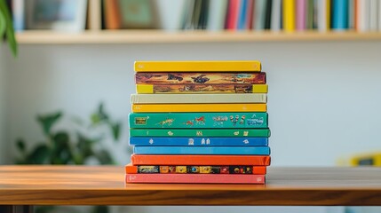 A stack of colorful board game boxes placed on a minimalist shelf