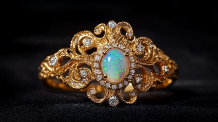 Fototapeta premium Baroque style ring with an intricate gold design, with a central opal surrounded by small diamonds generative ai