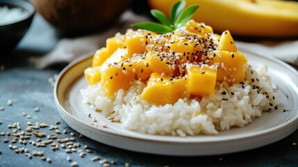 Mango sticky rice dessert with coconut milk and sesame seeds on a white plate
