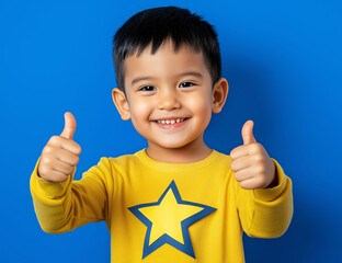 A child giving a thumbs up in a positive, successful gesture on a blue background. Success, positive attitude, good vibes.